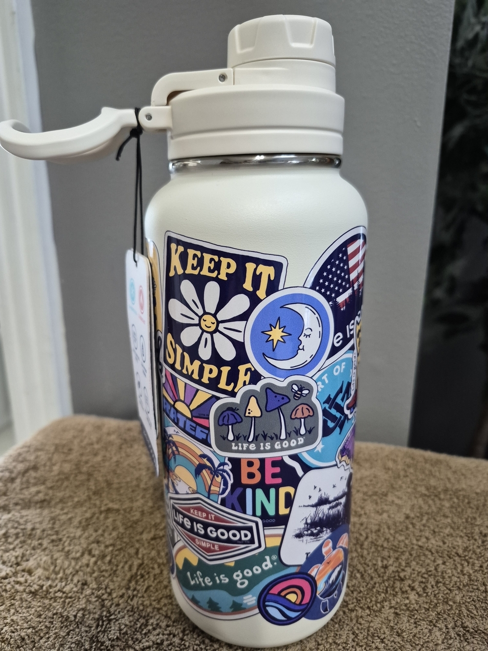 Life Is Good Cream Water Bottle with Colorful Sticker Art - Picture 2 of 2